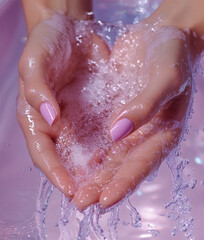 Fototapeta premium Woman washing hands with soap and water in bathroom sink