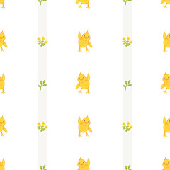 Chickens, flowers, leaves. Seamless pattern with colored pencils. Cute holiday illustration for textiles and wrapping paper