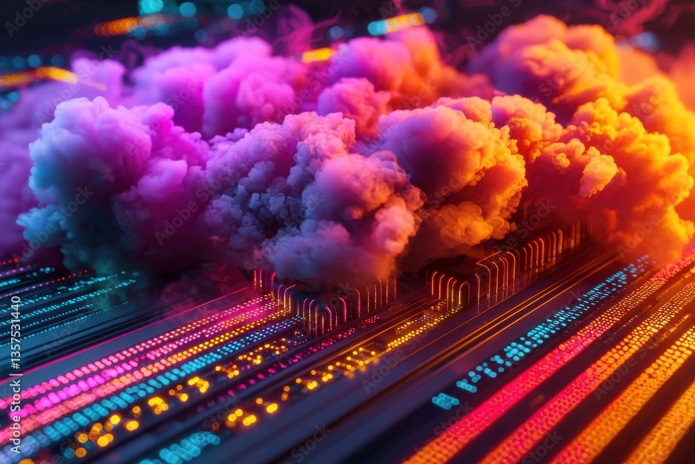 Poster vibrant data flow with neon lines and colorful clouds, creating a dynamic and modern high-tech backg