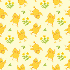 Fototapeta premium Chickens, flowers, leaves. Seamless pattern with colored pencils. Cute holiday illustration for textiles and wrapping paper