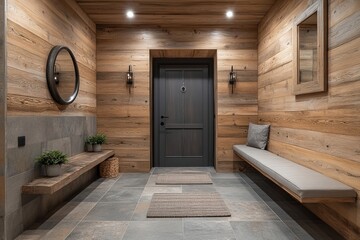 a cozy interior hallway with wood paneling, benches and a dark door, creating a warm and inviting atmosphere