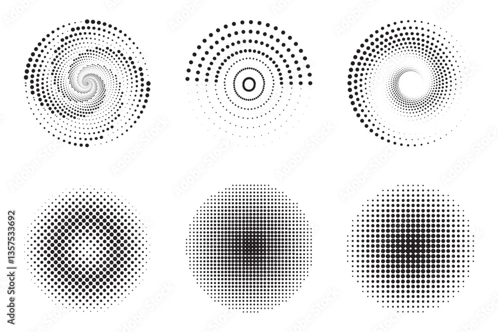 Poster set of vector : abstract geometric dotted spirals and circular patterns, black and white vector desi