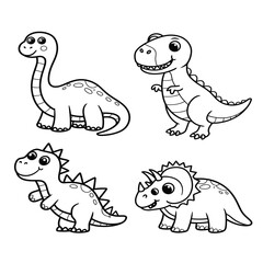 Cute Dinosaur Vector Set, Black and White Cartoon Dinosaurs, Adorable Prehistoric Animal Illustrations