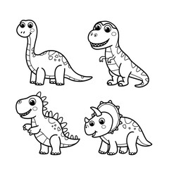 Cute Dinosaur Vector Set, Black and White Cartoon Dinosaurs, Adorable Prehistoric Animal Illustrations