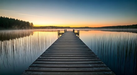 Fototapeta premium A wooden pier over a tranquil lake at dawn, surrounded by floating mist, AI Generated