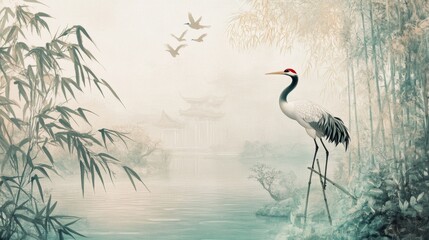 Naklejka premium Serene crane encounter tranquil wetlands digital art misty environment artistic viewpoint nature's beauty