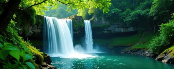 Emerald waterfalls cascade down ancient forested cliffs, trees, scenery