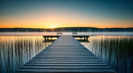 Obraz premium A wooden pier over a tranquil lake at dawn, surrounded by floating mist, AI Generated