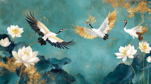 Elegant cranes dancing amidst lotus flowers tranquil pond digital artwork serene environment aesthetic viewpoint