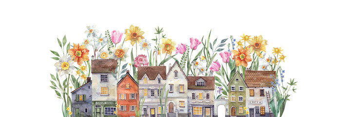 Fresh Green Meadow with Floral Touches - Watercolor Illustration. Horizontal illustration, wild grass, nature, background