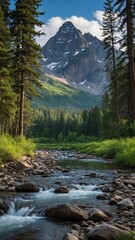 River flows through lush forest, leading eye towards majestic mountain peak in distance. Clear water cascades over rocks, surrounded by vibrant greenery.
