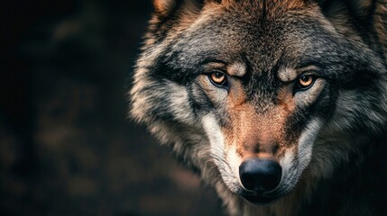 Fototapeta premium Intense wolf stare in natural habitat wildlife photography close-up mysterious environment engaging viewpoint