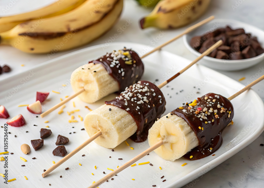 Poster three banana skewers dipped in chocolate, topped with sprinkles, on a white plate. there are also so