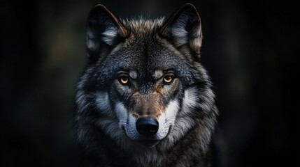 Fototapeta premium Intense wolf portrait forest setting wildlife photography dark environment close-up perspective nature's majesty