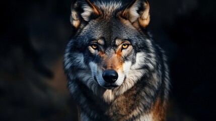 Obraz premium Wolf staring intently in forested environment wildlife photography close-up shot nature majestic predator