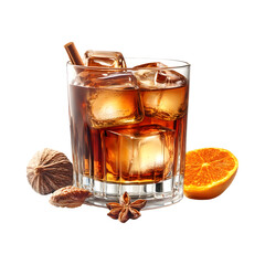 Glass of Whiskey with Orange Slice and Cinnamon Isolated on Transparent Background
