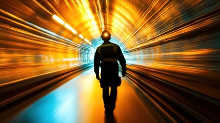 A silhouette of a miner walks toward a glowing tunnel