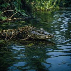 Fototapeta premium Caiman lurks in water, partially concealed by floating vegetation, with only its head, part of its back visible above surface. Reptiles eyes, snout prominent.