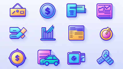 A set of icons including checklists, dollar targets, and loan percentages. Interest rate, AI-generated, and inflation symbols. Additional icons for buying a car, cards, and report timers. 