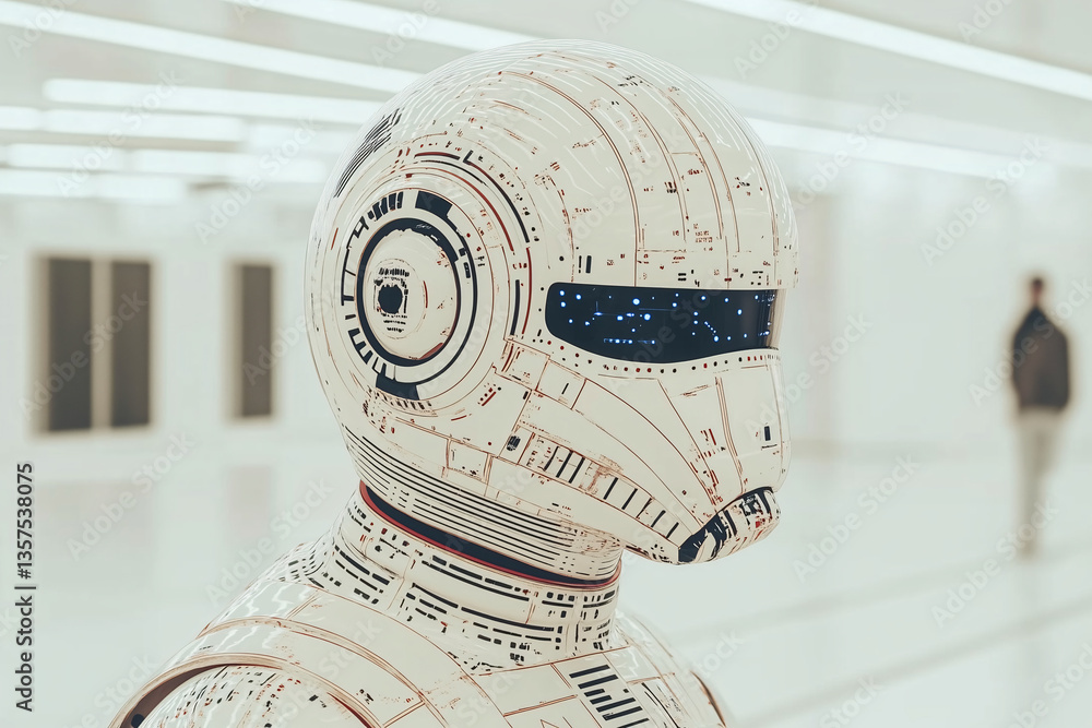Aufkleber futuristic vision: a close-up of a detailed robot head, with intricate circuitry and a gaze, is set 