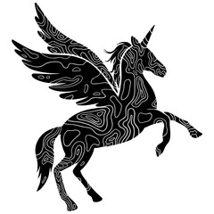 Mystical Pegasus unicorn silhouette with abstract contour lines. Elegant black and white vector design, perfect for clipart, t-shirts, decals, and fantasy art.