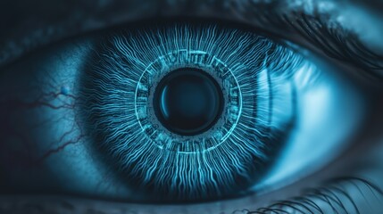 Biometric security and iris privacy, A close-up view of a digitally enhanced eye featuring intricate, glowing patterns and a deep blue color, symbolizing technology and vision.