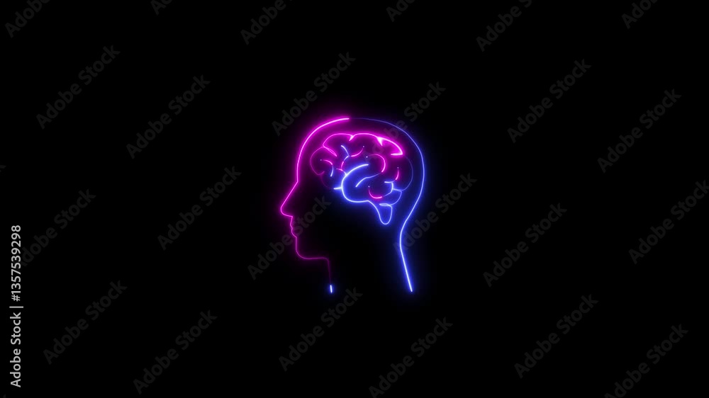 Poster brain concept neon line .neon brain icon animation. futuristic glowing polygonal diagram of the huma
