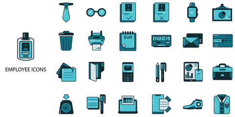 Employee simple concept 24 color icons set. Contains such workplace, workspace, computer, team, office, desk, lamp, employee .Vector illustration.