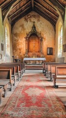 Old Church Interior with Timeworn Benches and Sacred Atmosphere