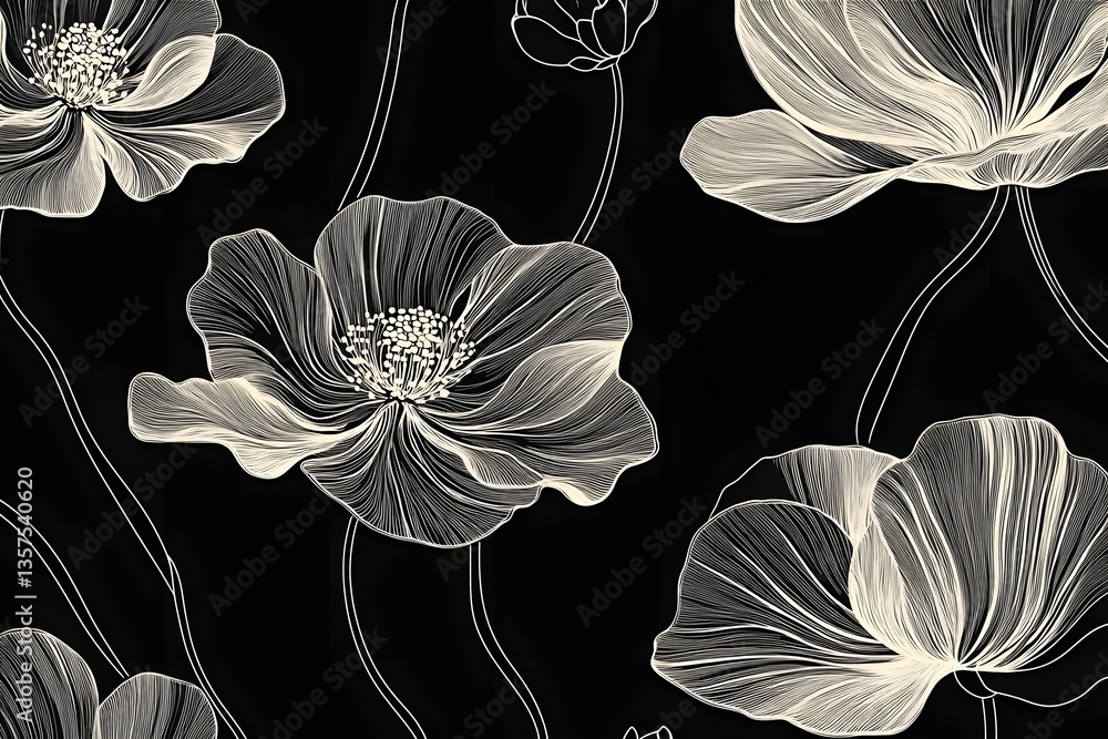 Poster elegant line art floral pattern featuring delicate poppies on a dark background for design use