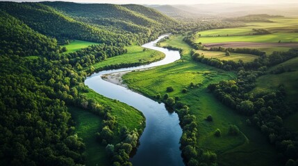 Winding river landscape at sunset nature photography lush green environment aerial view tranquil beauty