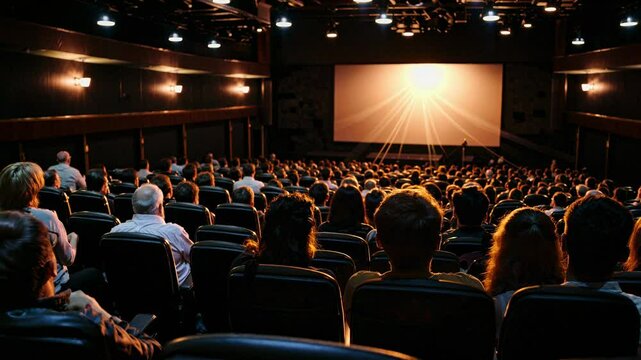 Wide-angle shot of a dimly lit cinema with a full audience facing a glowing screen, capturing the immersive video experience.