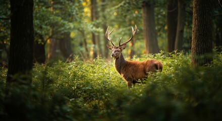 Majestic red deer stag stands alert within the vibrant green woodland