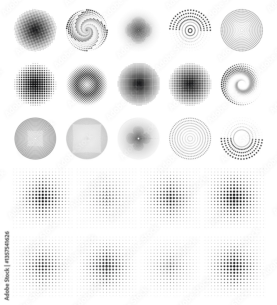 Poster set of black and white abstract halftone dots. abstract geometric patterns of spirals, squares, and 