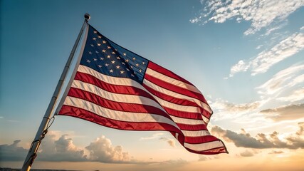 The American flag waving in the wind.