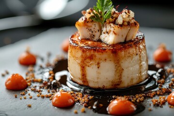 Exquisite culinary creation featuring seared scallops and artistic plating in an upscale restaurant setting during evening hours