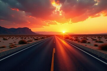 Naklejka premium Long stretch of deserted highway under a blazing desert sky at dusk, arid, desert, blazes