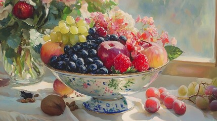 Still life painting of fruit bowl overflowing with berries and grapes