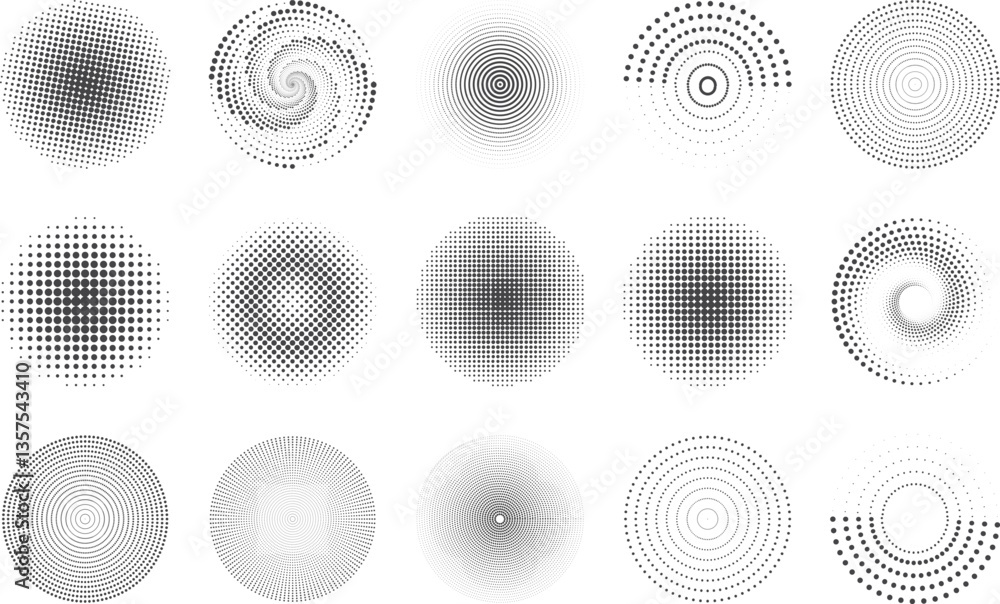 Aufkleber set of abstract halftone dots vector. : abstract geometric patterns of spiral and circular dots, bla