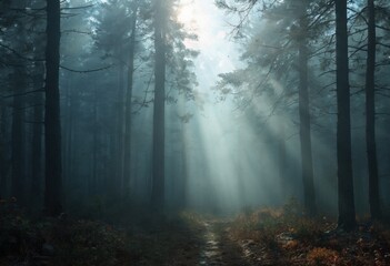 Obraz premium Mysterious Forest with Sunlight Filtering Through the Trees