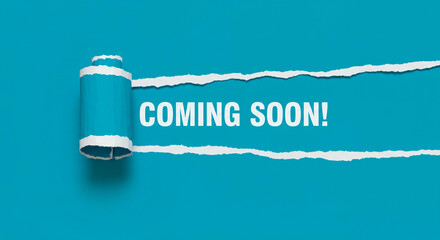 Coming Soon Announcement Torn Paper Reveal on Blue Background