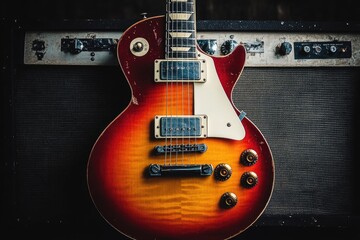 Classic Electric Guitar and Amplifier in Sunburst Colors: Red, Orange, Yellow on Black Background