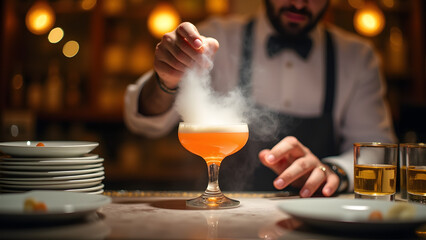 A modern molecular cocktail bar with liquid smoke, porcelain plates, gold accents, and a cutting-edge, luxurious atmosphere, ideal for networking and innovation.