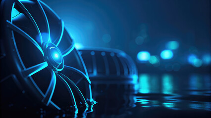 Climate Resilience Natural Disasters Adaptation. Blue illuminated wheels reflect in water, creating a striking visual effect in a dark environment.
