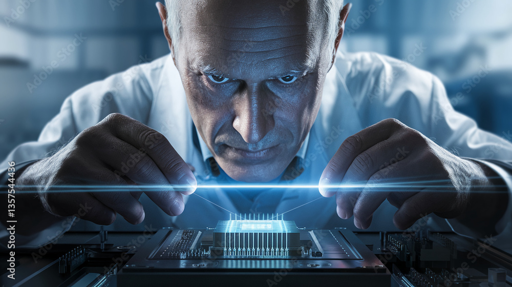 Poster close-up of senior scientist meticulously working on circuit board, showcasing precision and technol