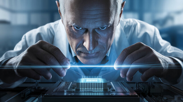 Close-up of senior scientist meticulously working on circuit board, showcasing precision and technological advancement in research and development