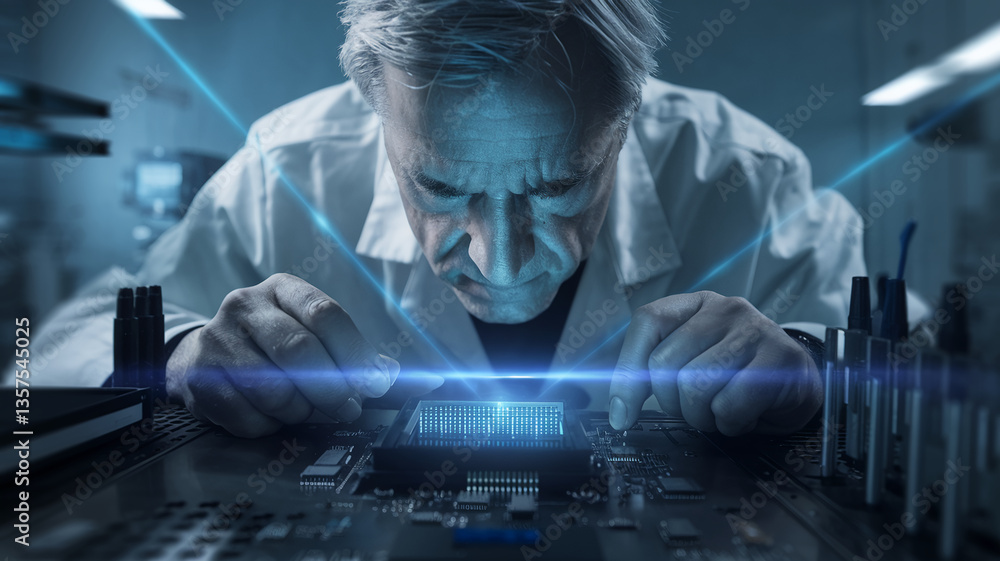 Poster close-up of scientist's hands installing a glowing circuit board component, showcasing technological