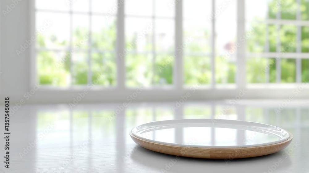 Poster a sleek, modern plate rests on a reflective surface, with a backdrop of large windows and lush green