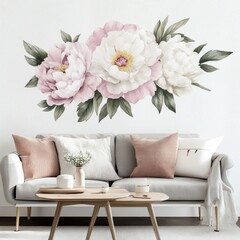 Pastel Peony Wall Decor on Living Room Sofa