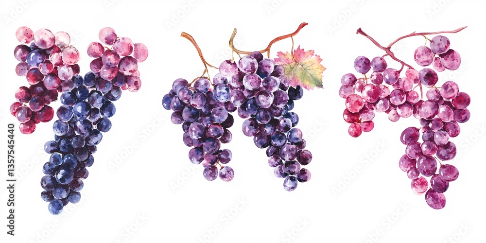 Poster assorted grape clusters with green stems perfectly isolated for a clean look